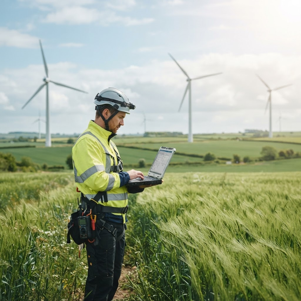 Servicetechniker mit Laptop vor Windenergieanlagen